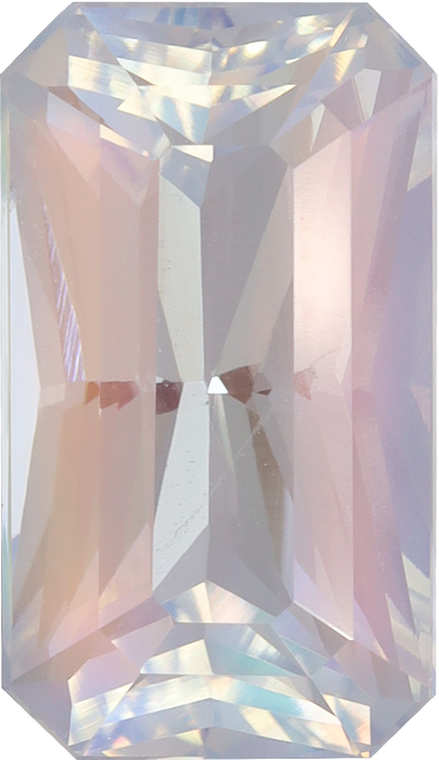 Rectangular cut rainbow moonstone, 11.32 by 6.53 mm, shown at actual size