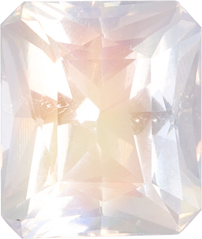 Rectangular cut rainbow moonstone, 9.39 by 7.94 mm, shown at actual size