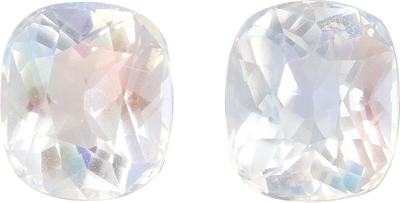 Cushion cut rainbow moonstone, 7.46 by 6.38 mm, shown at actual size