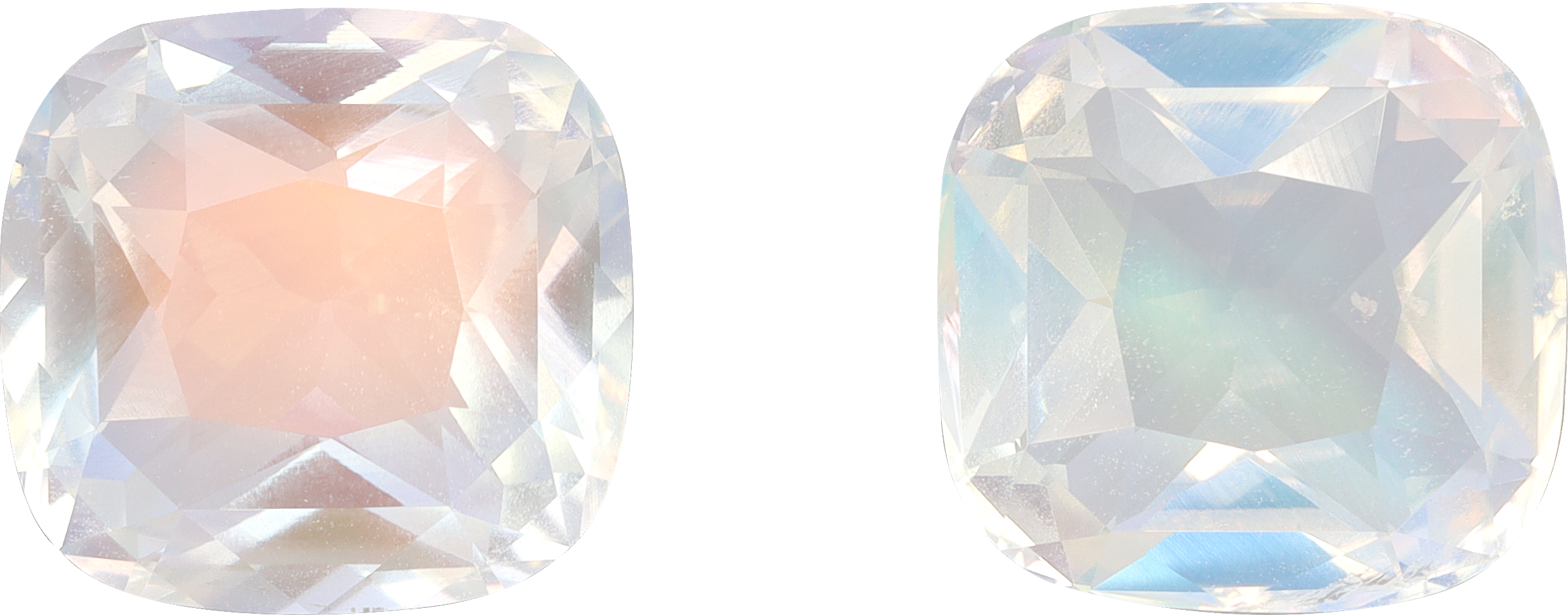 Cushion cut rainbow moonstone, 9.63 by 9.35 mm, shown at actual size