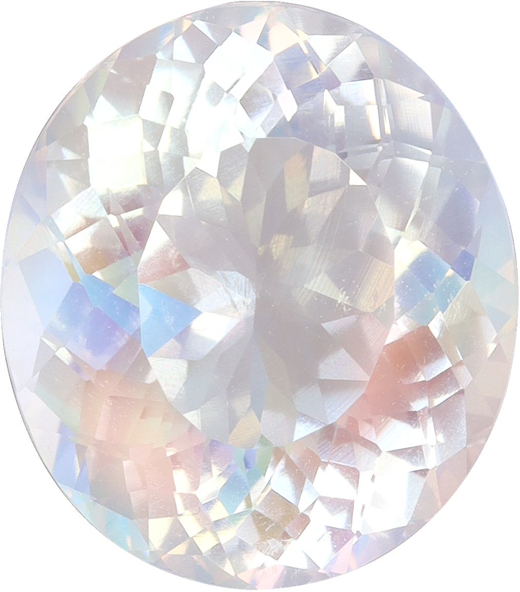 Oval cut rainbow moonstone, 11.93 by 10.49 mm, shown at actual size