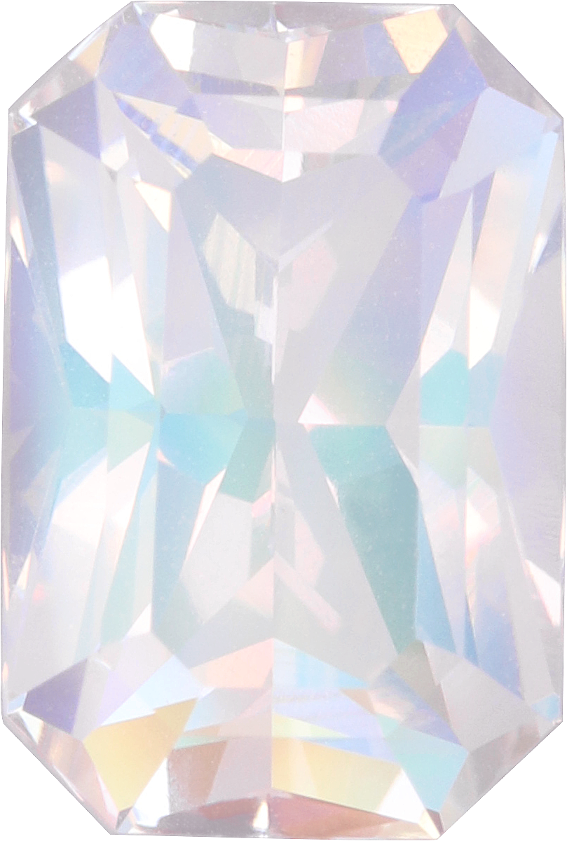 Rectangular cut rainbow moonstone, 10.14 by 6.84 mm, shown at actual size