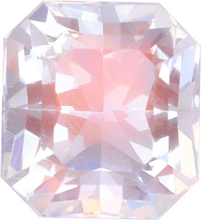 Rectangular cut rainbow moonstone, 7.54 by 6.91 mm, shown at actual size