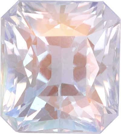 Rectangular cut rainbow moonstone, 7.49 by 6.76 mm, shown at actual size