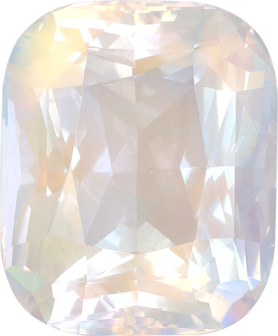 Cushion cut rainbow moonstone, 19.46 by 16.03 mm, shown at actual size