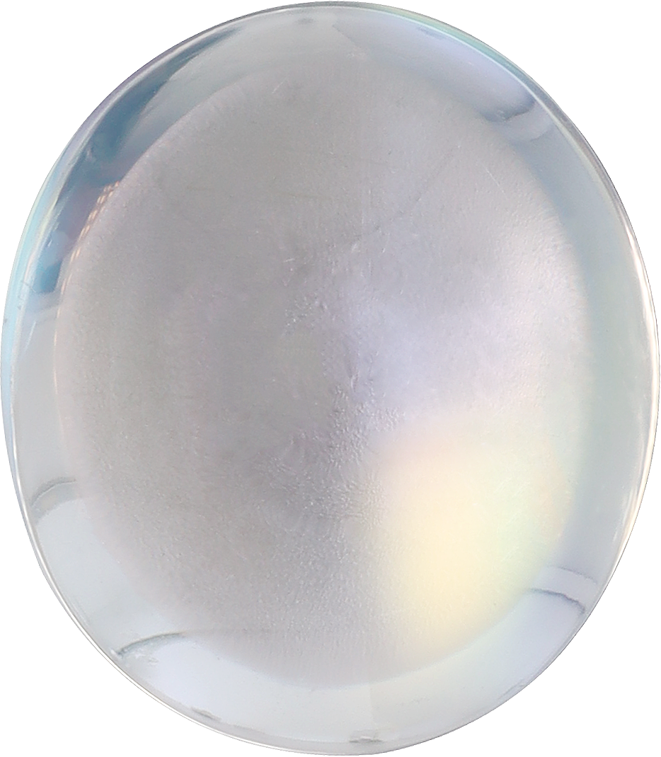Oval cut rainbow moonstone, 15.55 by 13.57 mm, shown at actual size