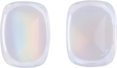 Cushion cut rainbow moonstone, 11.25 by 8.5 mm, shown at actual size