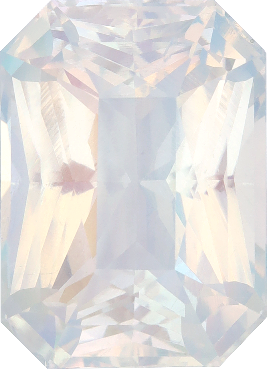 Rectangular cut rainbow moonstone, 16.94 by 12.33 mm, shown at actual size