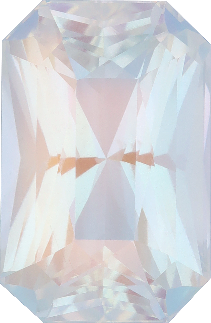 Rectangular cut rainbow moonstone, 17.67 by 11.57 mm, shown at actual size