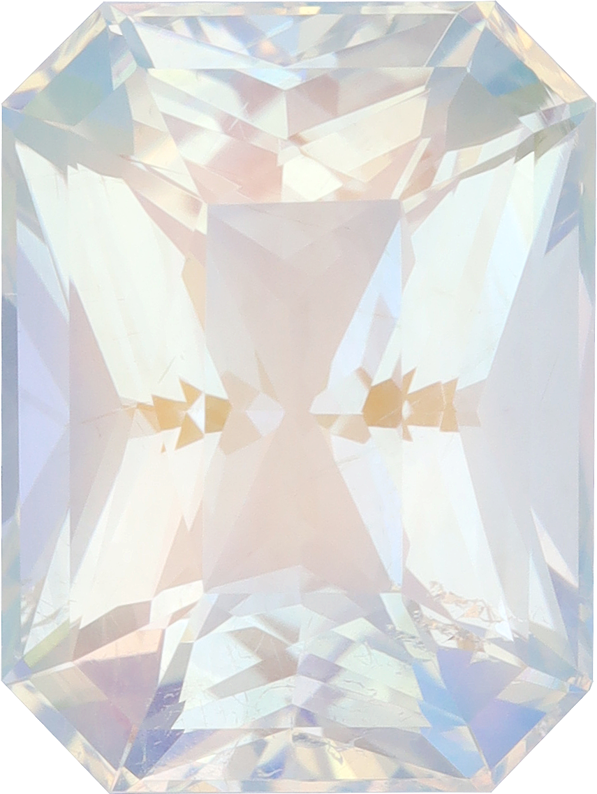 Rectangular cut rainbow moonstone, 15.11 by 11.43 mm, shown at actual size