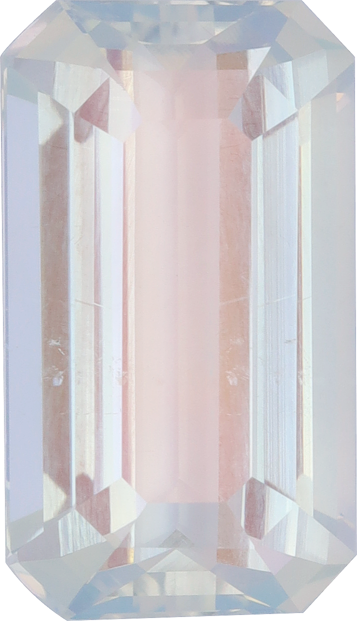 Rectangular cut rainbow moonstone, 16.71 by 9.5 mm, shown at actual size