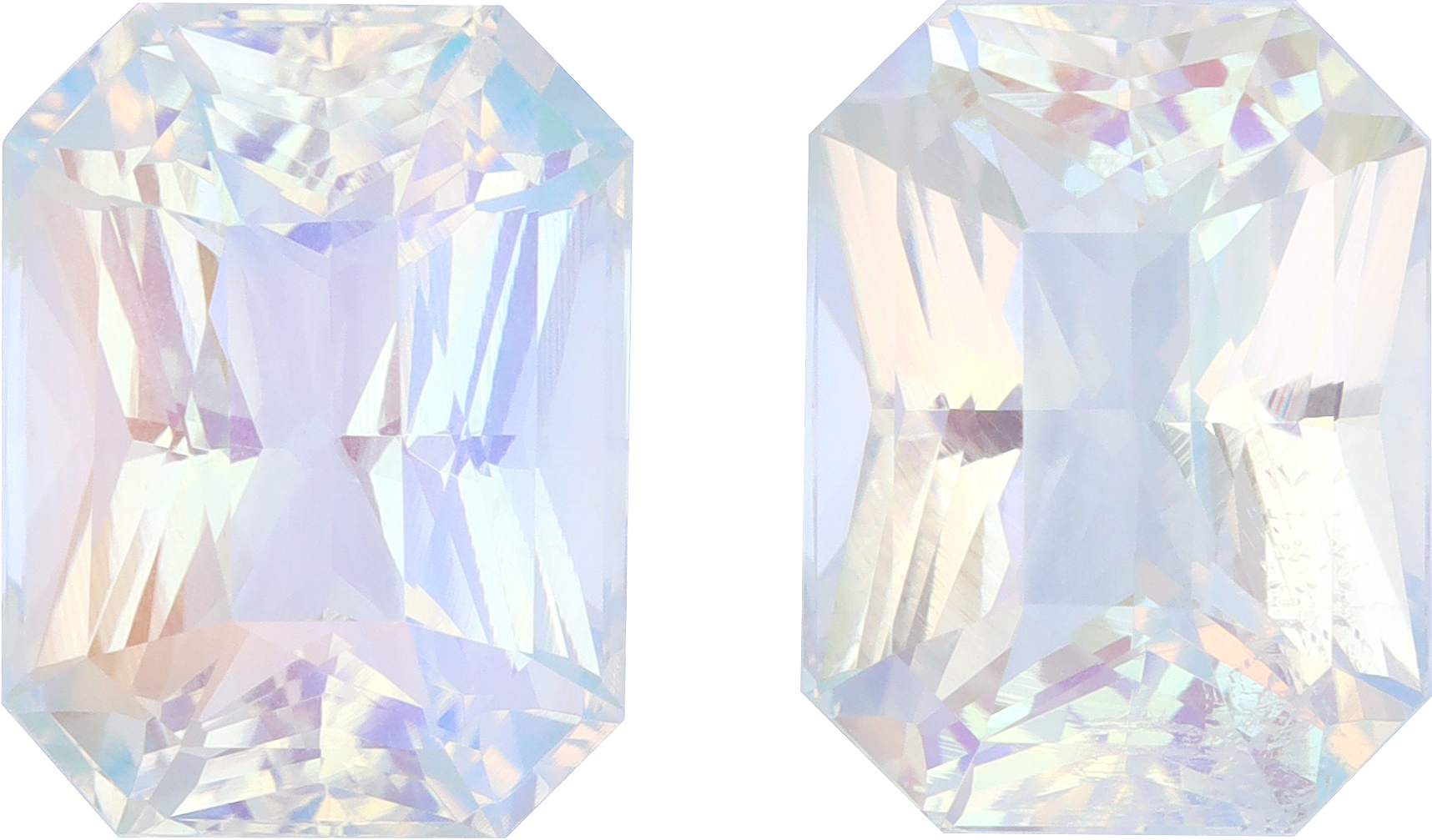 Rectangular cut rainbow moonstone, 14.6 by 11 mm, shown at actual size