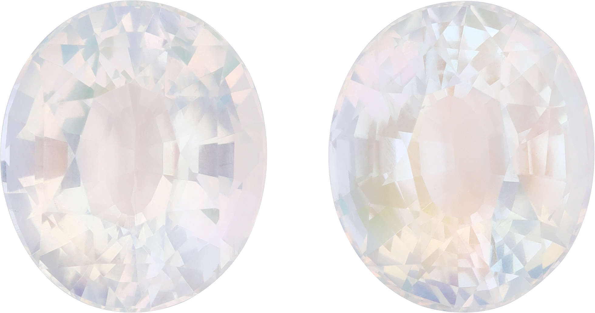 Oval cut rainbow moonstone, 13.68 by 11.64 mm, shown at actual size