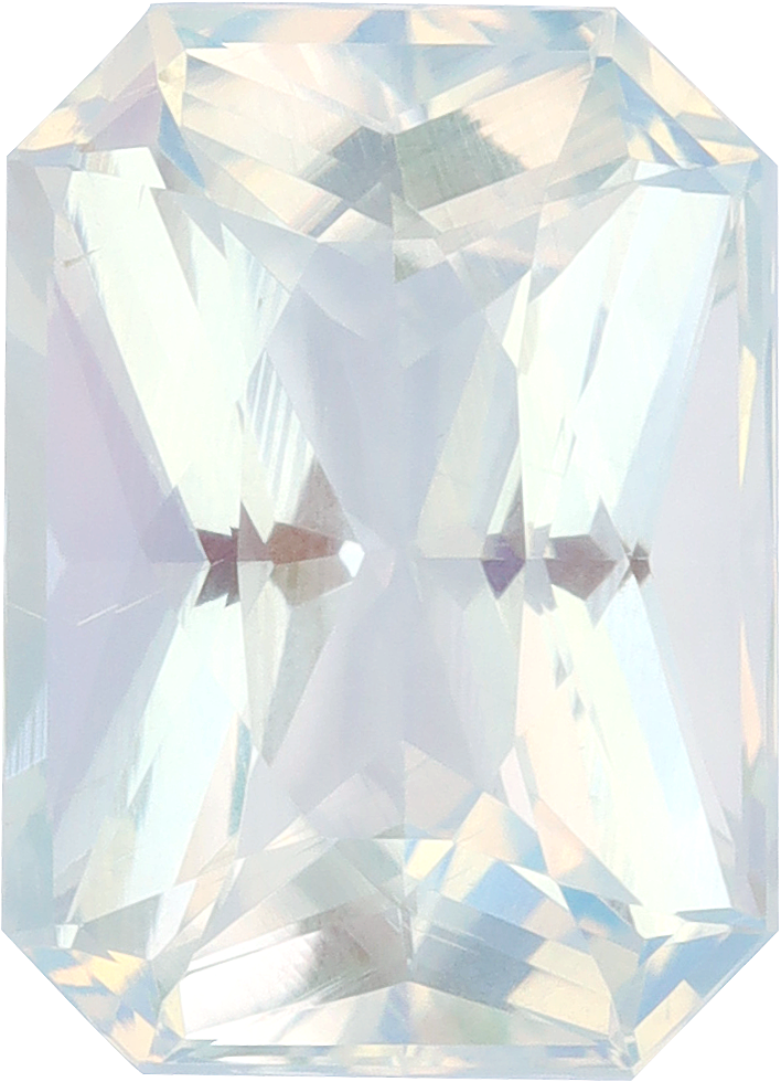 Rectangular cut rainbow moonstone, 14.08 by 10.21 mm, shown at actual size
