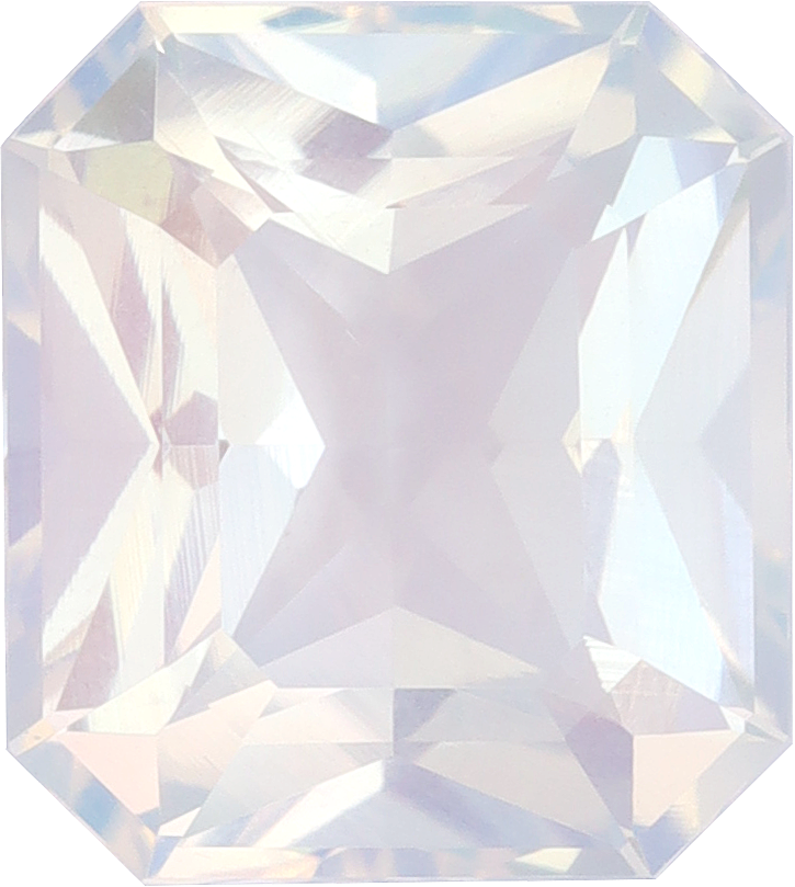 Rectangular cut rainbow moonstone, 11.27 by 10.08 mm, shown at actual size