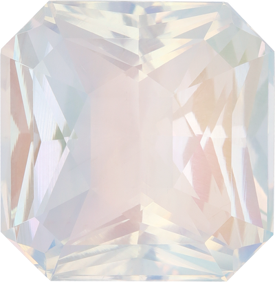 Rectangular cut rainbow moonstone, 18.03 by 17.54 mm, shown at actual size