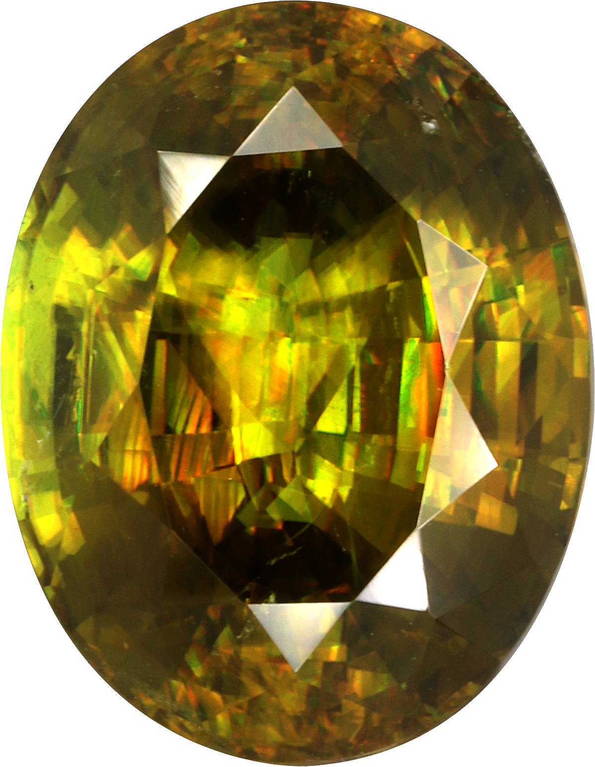 Oval cut sphene, 15.7 by 12.25 mm, shown at actual size