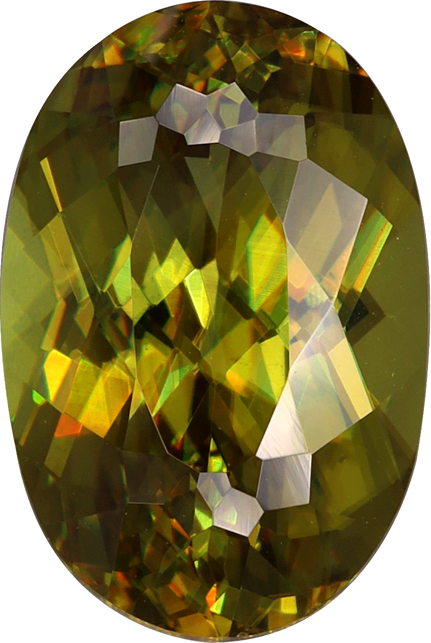 Oval cut sphene, 12 by 8 mm, shown at actual size