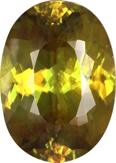Oval cut sphene, 12.83 by 9.14 mm, shown at actual size