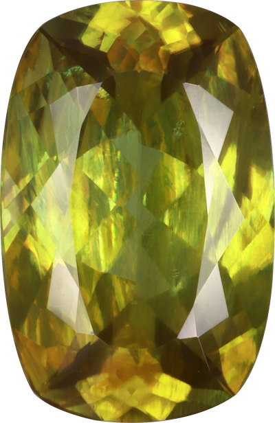 Cushion cut sphene, 14.27 by 9.29 mm, shown at actual size