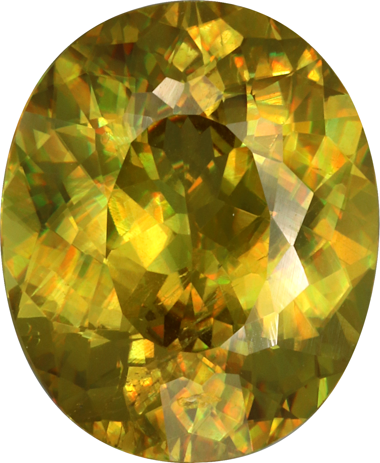 Oval cut sphene, 12.07 by 9.88 mm, shown at actual size
