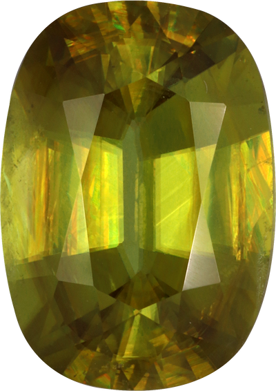 Cushion cut sphene, 12.59 by 8.9 mm, shown at actual size