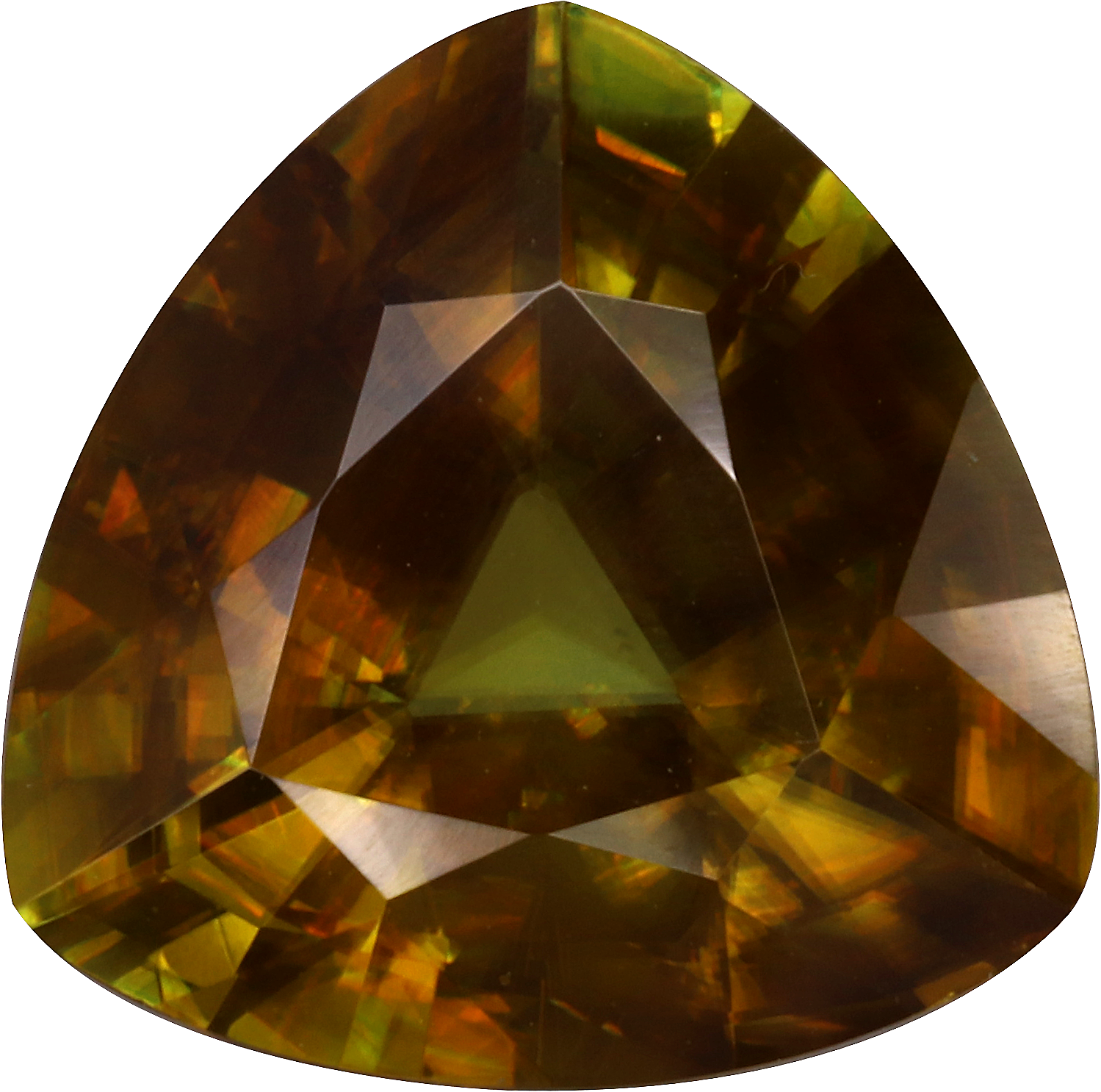 Trilliant cut sphene, 11.97 by 11.97 mm, shown at actual size