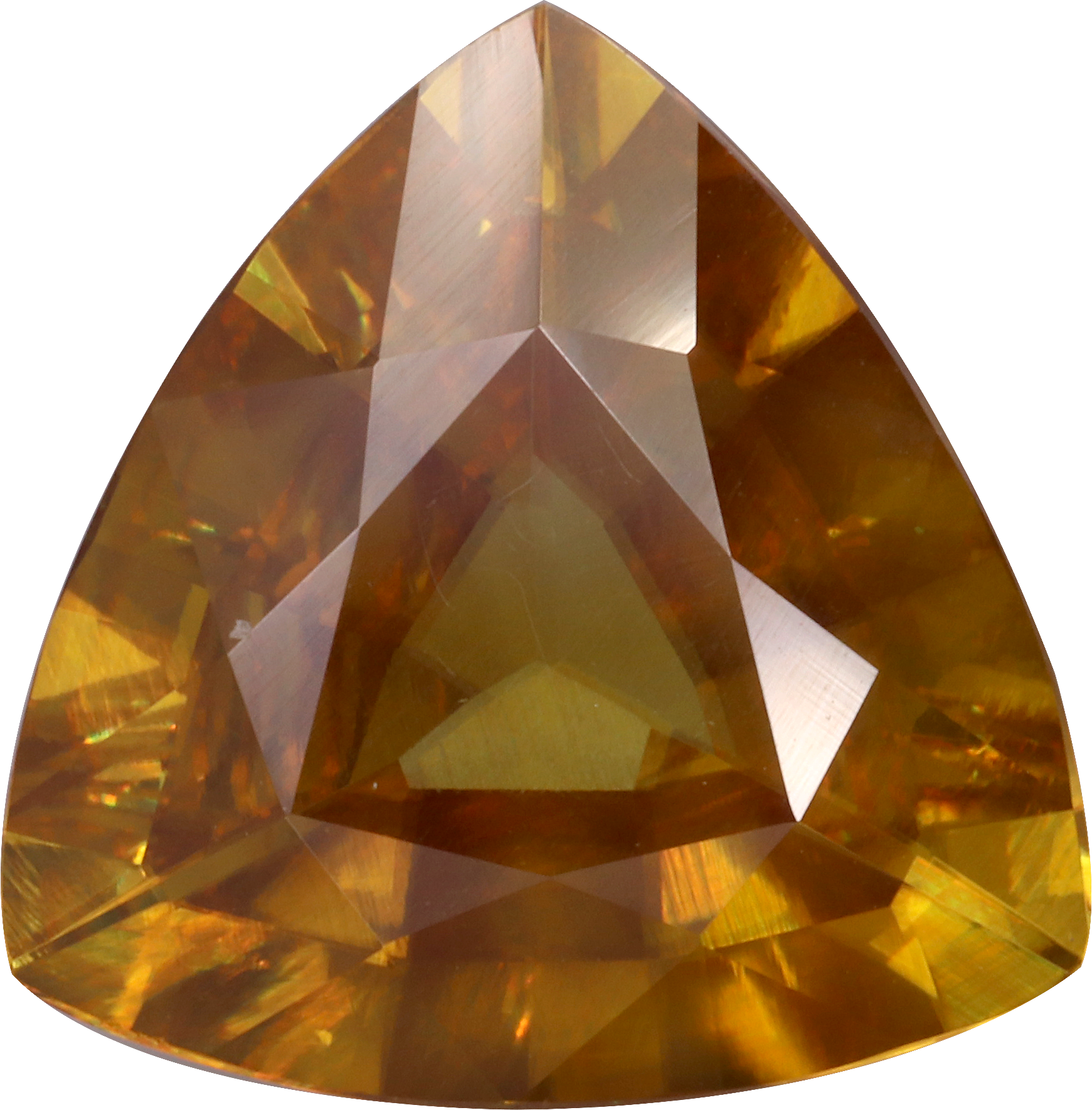 Trilliant cut sphene, 13.44 by 13.05 mm, shown at actual size