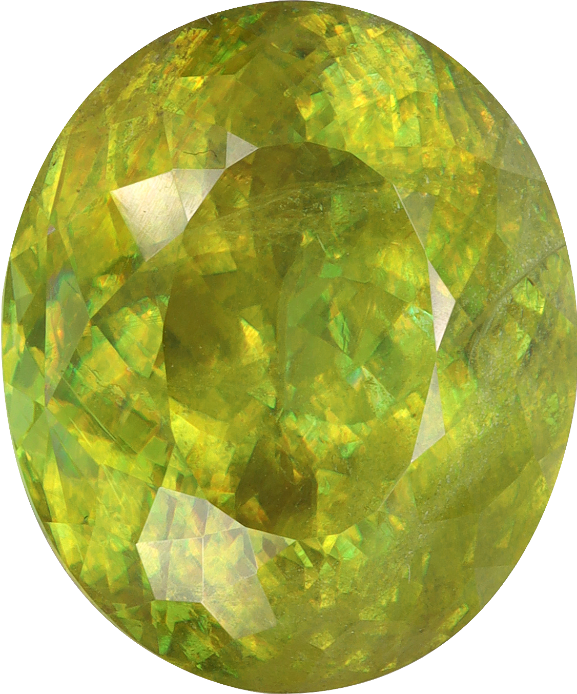 Oval cut sphene, 14.67 by 12.27 mm, shown at actual size
