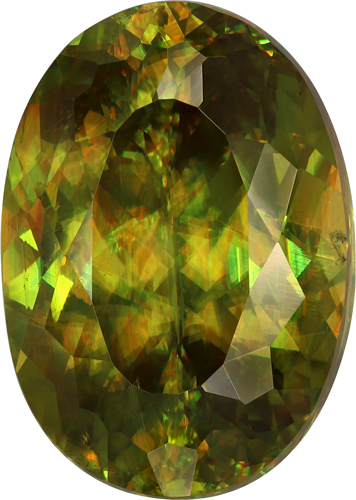 Oval cut sphene, 13.87 by 9.84 mm, shown at actual size