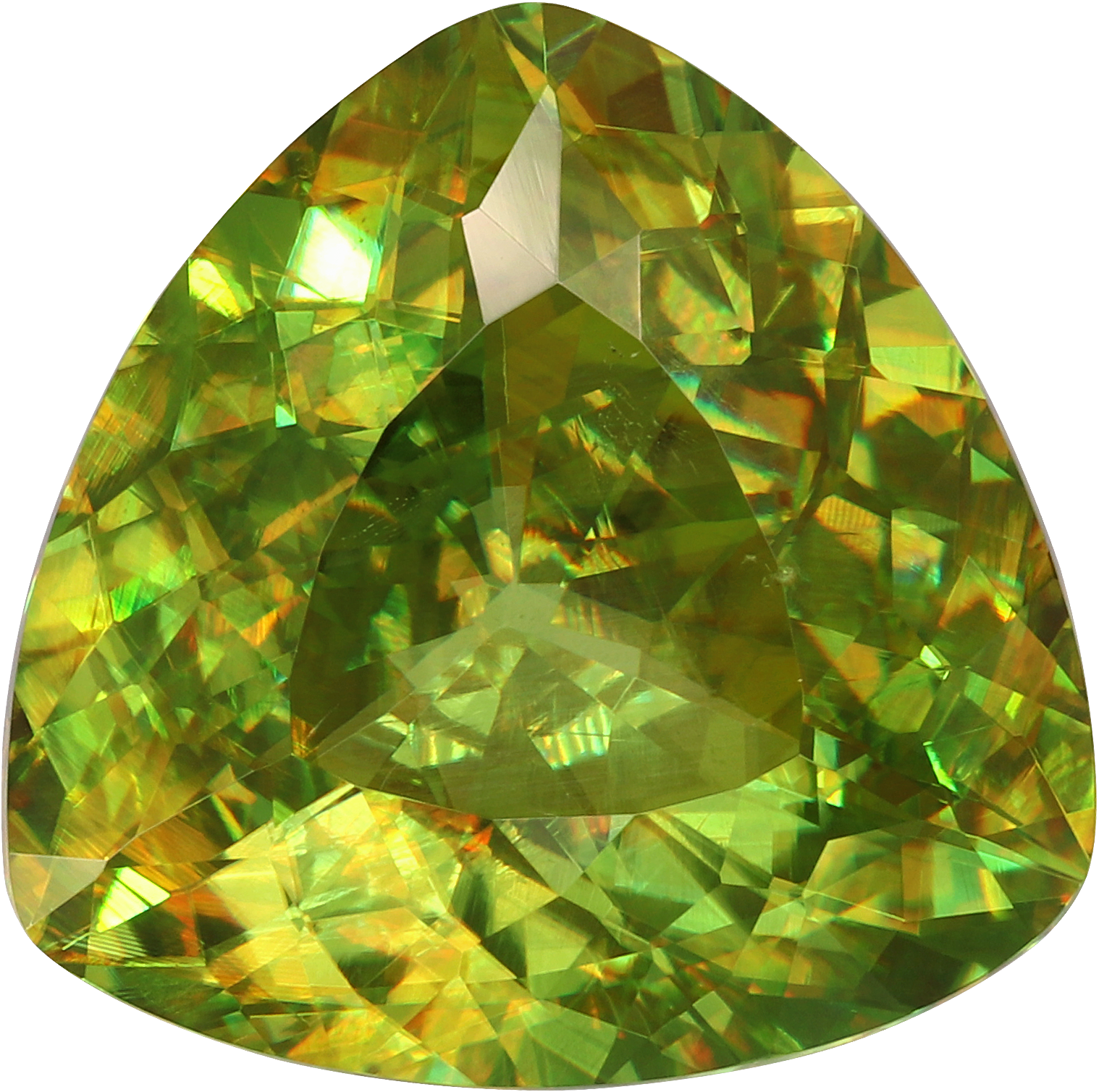 Trilliant cut sphene, 11.85 by 11.94 mm, shown at actual size
