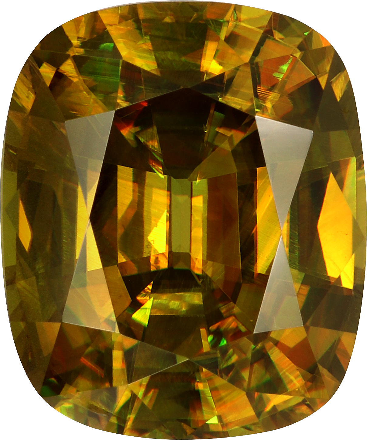 Cushion cut sphene, 13.15 by 10.98 mm, shown at actual size