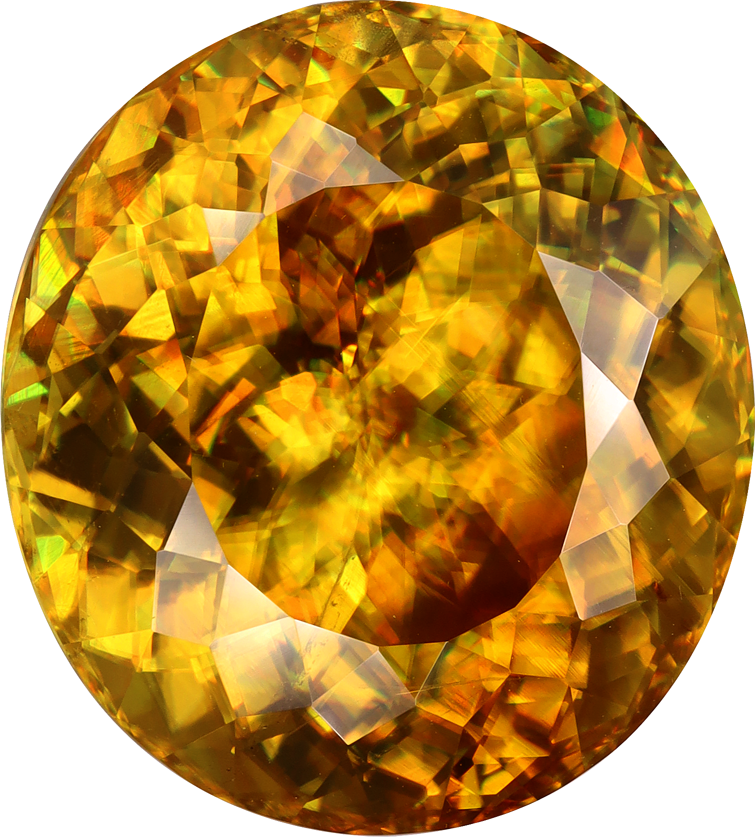 Oval cut sphene, 16.76 by 15.16 mm, shown at actual size