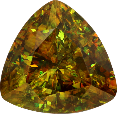 Trilliant cut sphene, 11.66 by 11.93 mm, shown at actual size