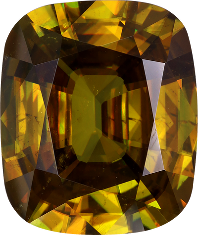 Cushion cut sphene, 15.12 by 12.7 mm, shown at actual size