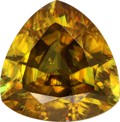 Trilliant cut sphene, 9.17 by 9 mm, shown at actual size