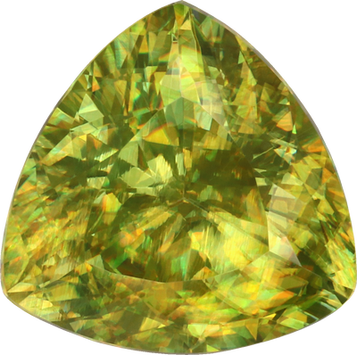 Trilliant cut sphene, 9 by 8.96 mm, shown at actual size