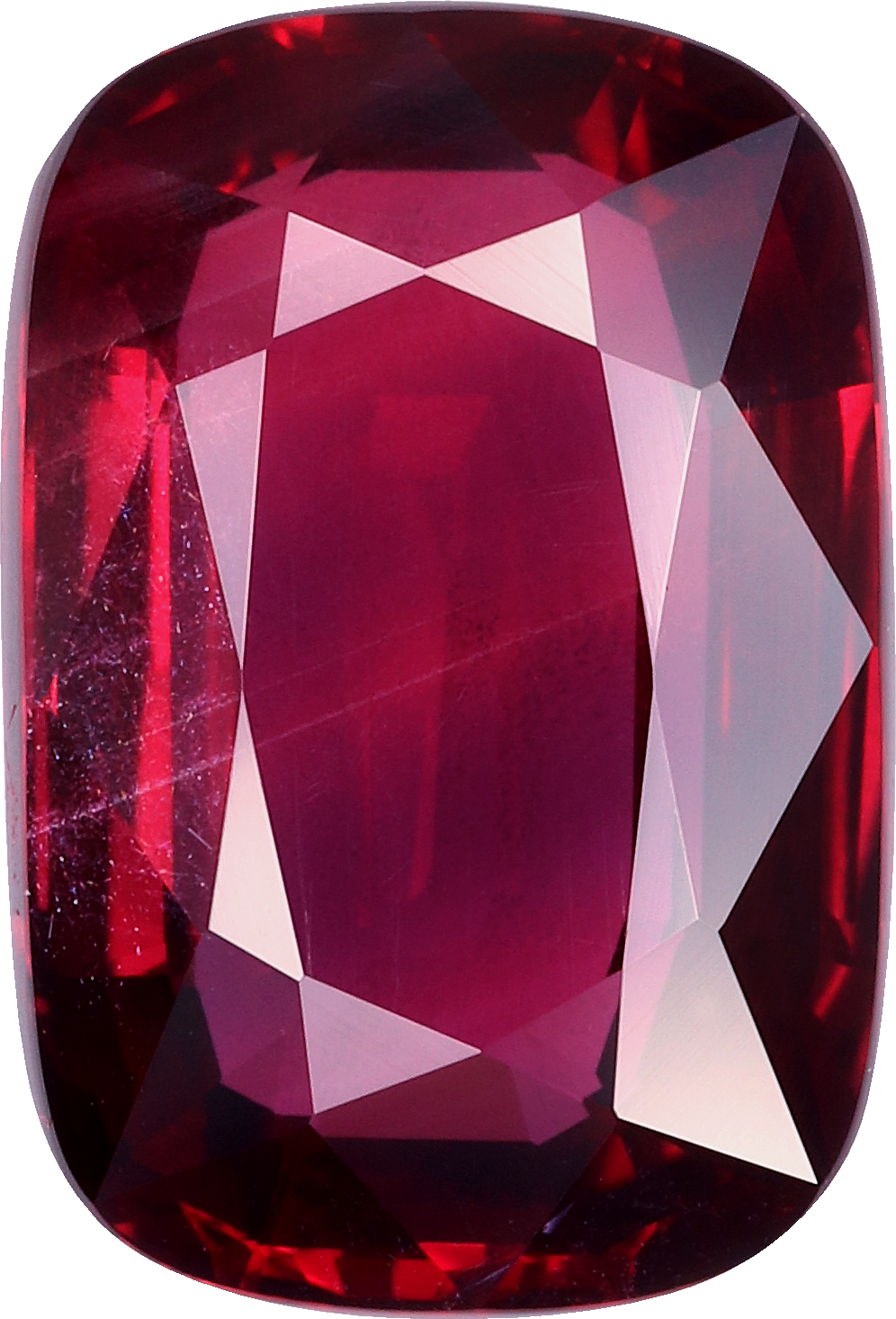 Cushion cut mozambique ruby, 9.73 by 6.59 mm, shown at actual size