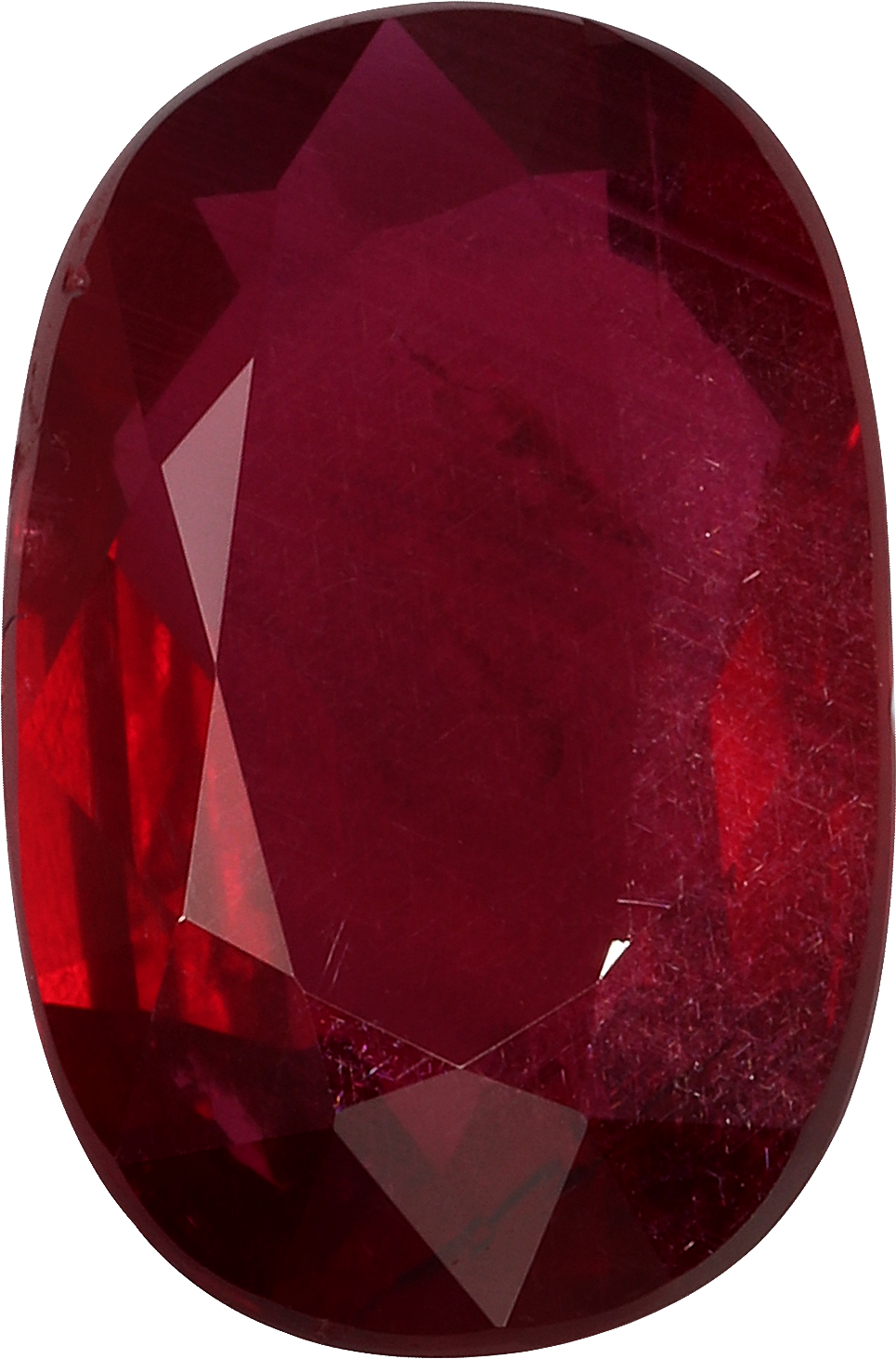 Cushion cut mozambique ruby, 9.76 by 6.4 mm, shown at actual size