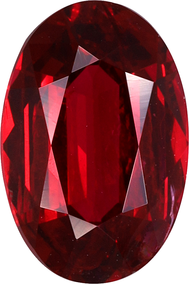 Oval cut red spinel, 8.49 by 5.61 mm, shown at actual size