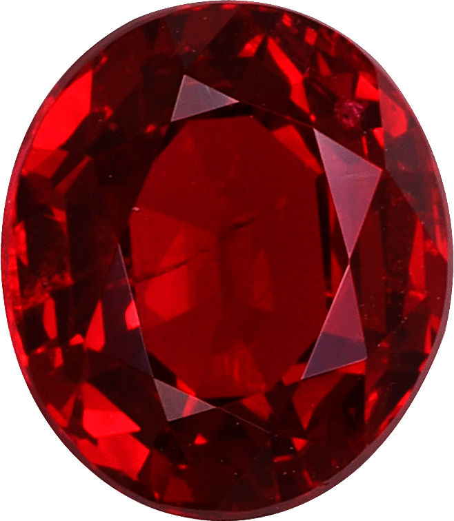 Oval cut red spinel, 6.61 by 5.77 mm, shown at actual size