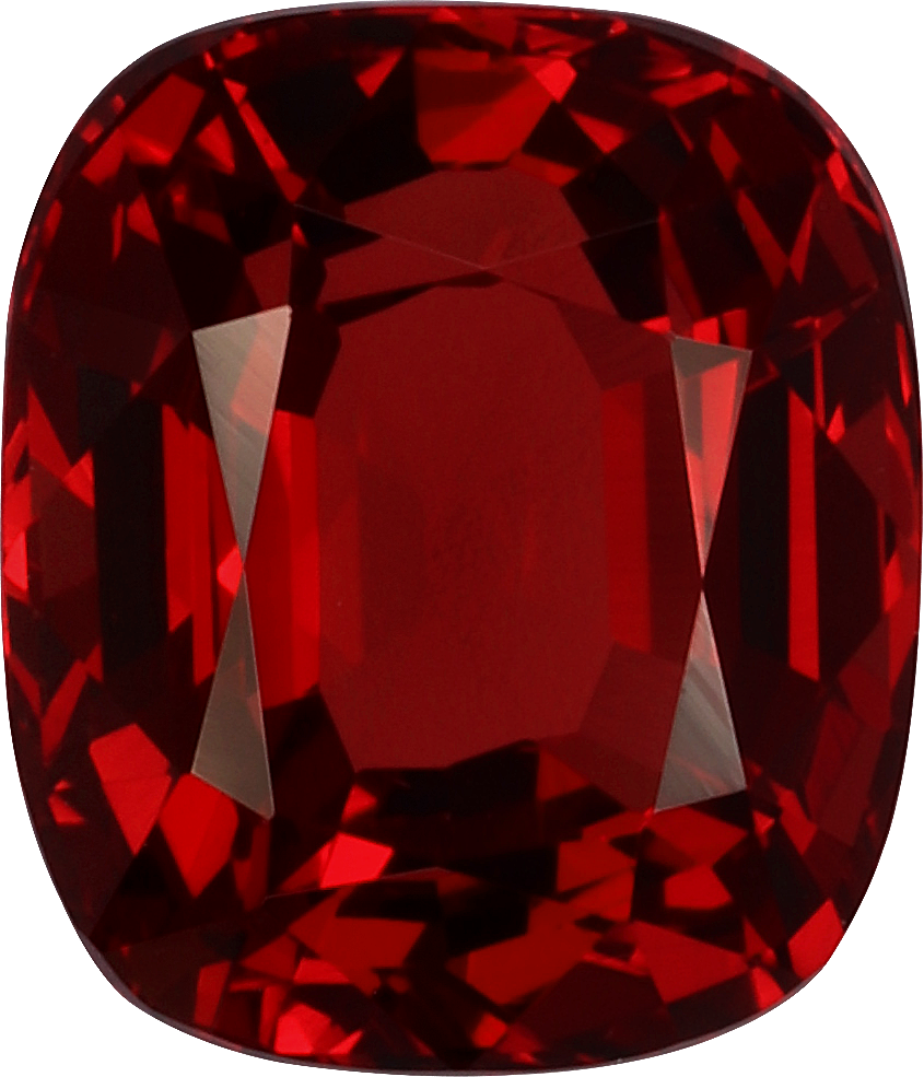 Cushion cut red spinel, 6.39 by 5.51 mm, shown at actual size