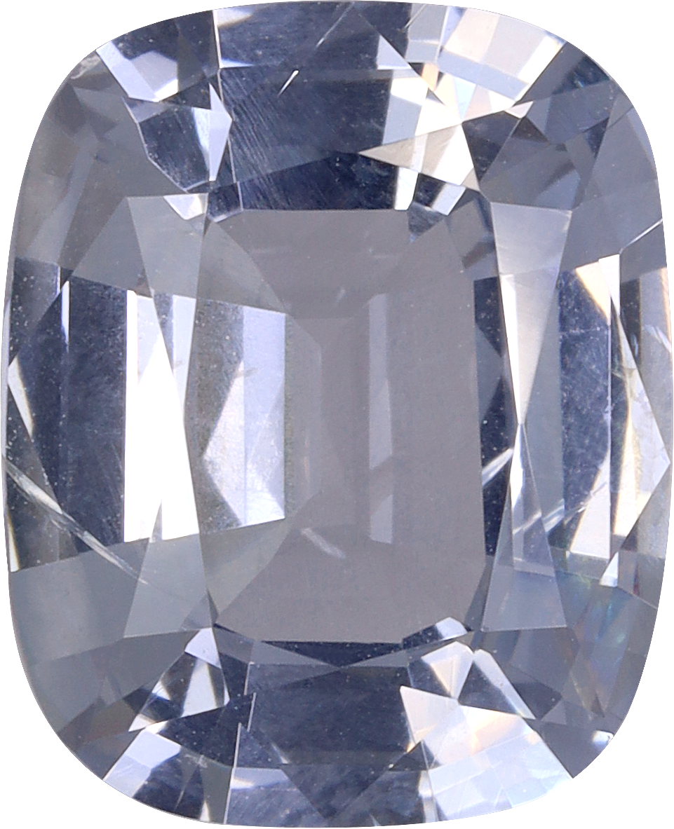 Cushion cut grey spinel, 10.09 by 8.15 mm, shown at actual size