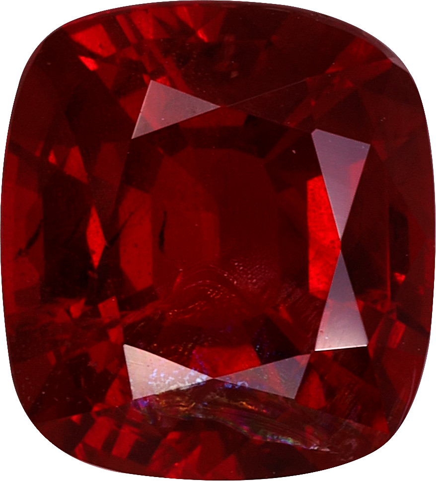Cushion cut red spinel, 8.26 by 7.5 mm, shown at actual size