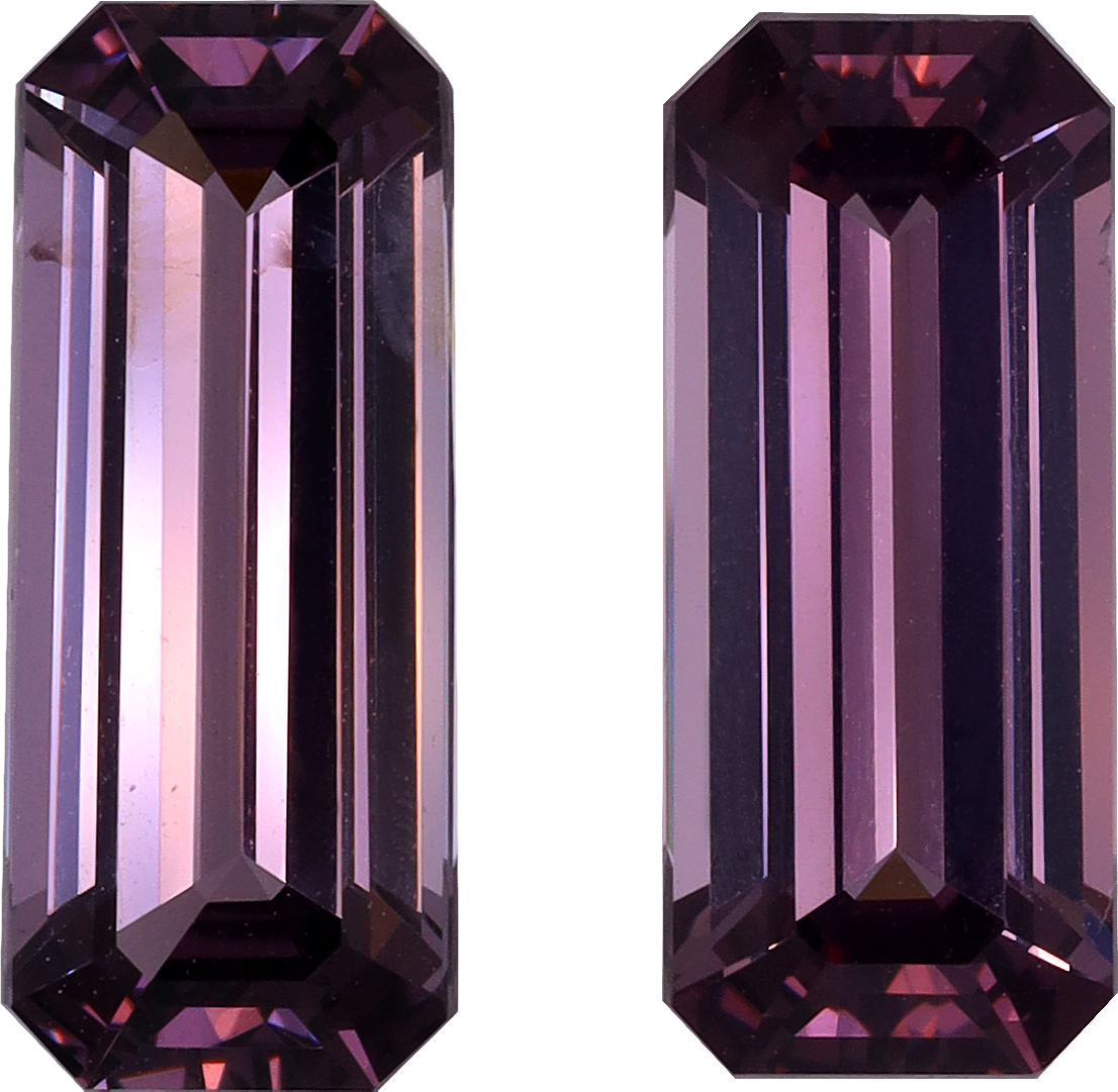 Rectangular cut purple spinel, 12.16 by 5.09 mm, shown at actual size
