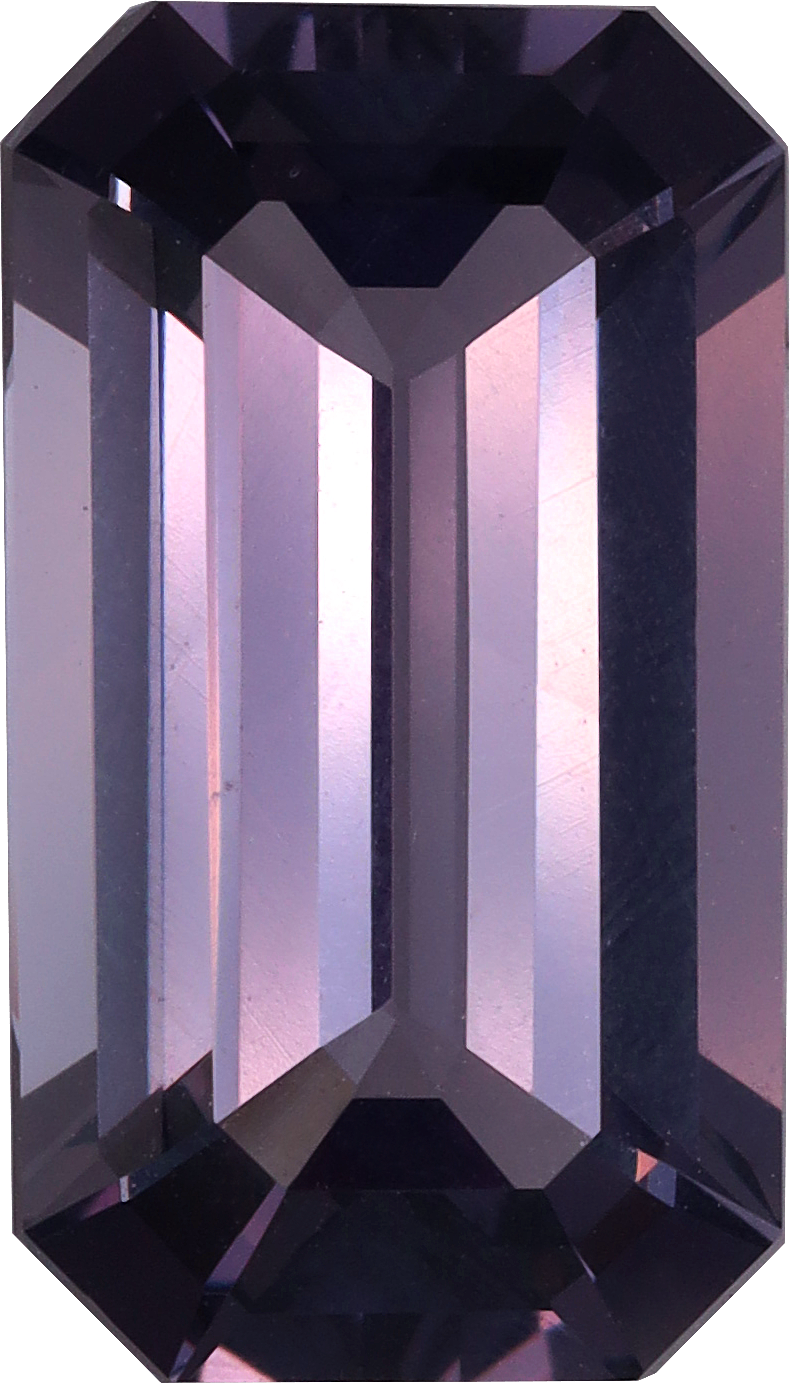 Rectangular cut purple spinel, 12.04 by 6.84 mm, shown at actual size