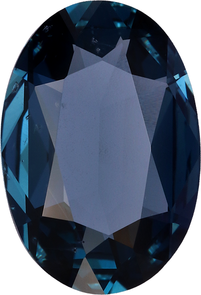 Oval cut blue spinel, 9.86 by 6.73 mm, shown at actual size