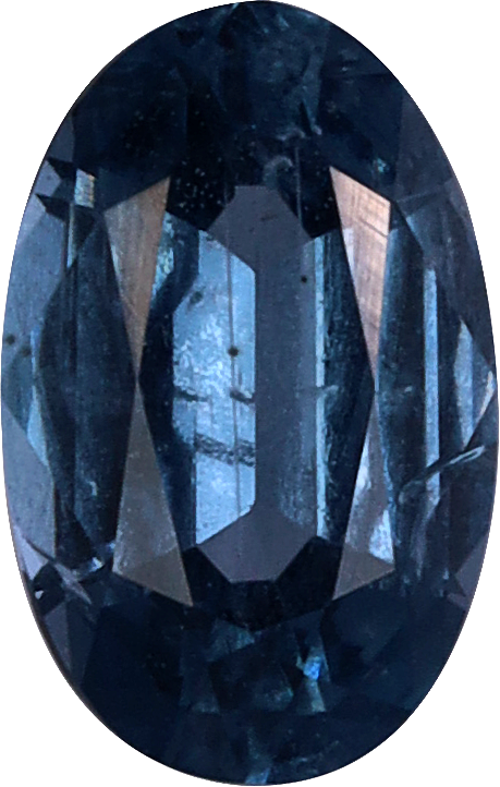 Oval cut blue spinel, 5.96 by 3.82 mm, shown at actual size