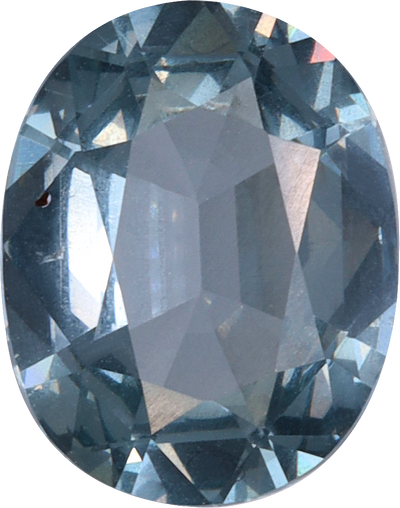 Oval cut grey spinel, 8.87 by 7.06 mm, shown at actual size