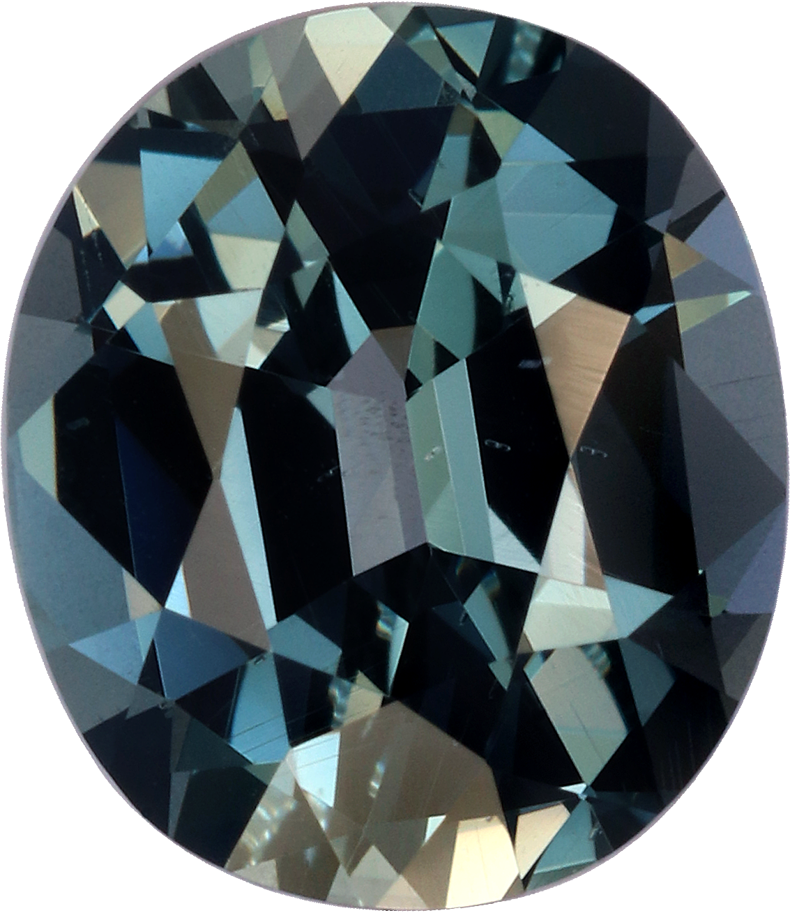 Oval cut blue spinel, 7.78 by 6.73 mm, shown at actual size
